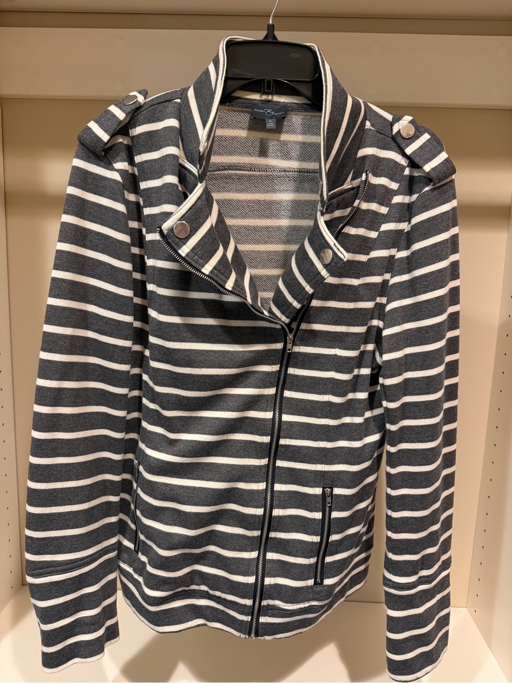 Market & Spruce Gray and Cream Striped Moto Knit Jacket